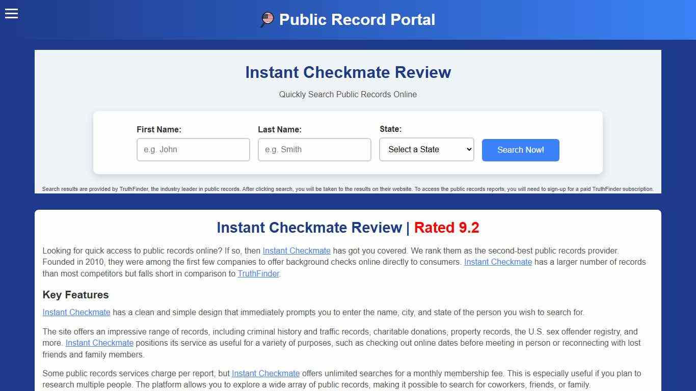 Instant Checkmate Review 2026 - Public Record Portal