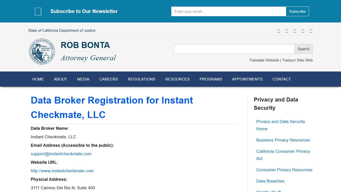 Data Broker Registration for Instant Checkmate, LLC | State of California - Department of Justice - Office of the Attorney General