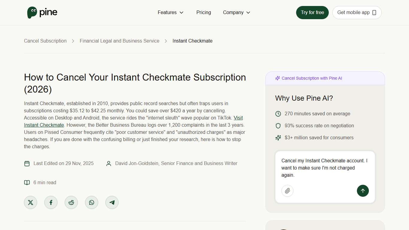 How to Cancel Your Instant Checkmate Subscription (2026) | Pine AI